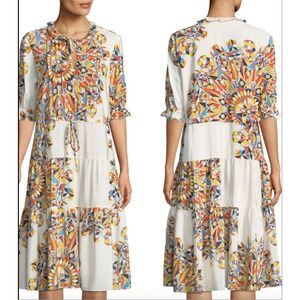 Tory Burch Silk Geometric Print Tiered Midi Dress XS Ivory Kaleidoscope Boho